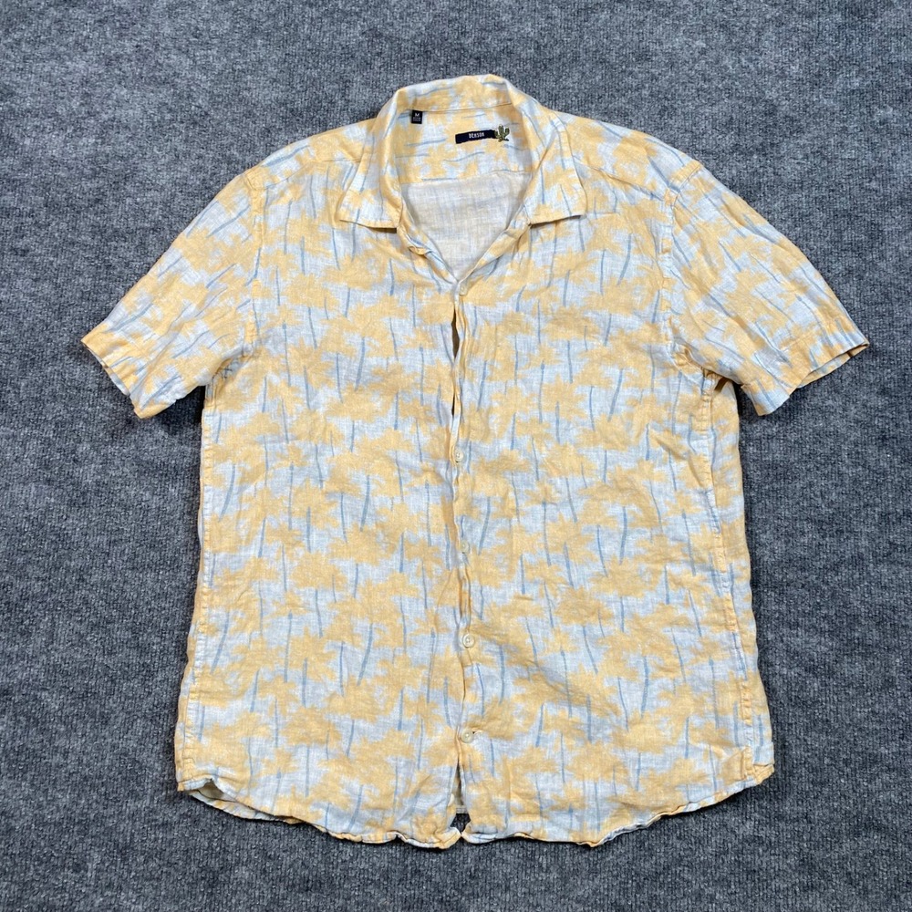 Benson Mens 100% Linen Short Sleeve Button Down Palm Tropical‎ Shirt Yellow M